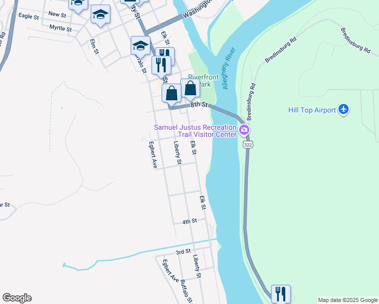 map of restaurants, bars, coffee shops, grocery stores, and more near 624 Liberty St in Franklin