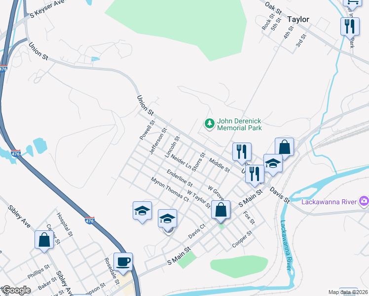map of restaurants, bars, coffee shops, grocery stores, and more near 115 Lincoln St in Taylor