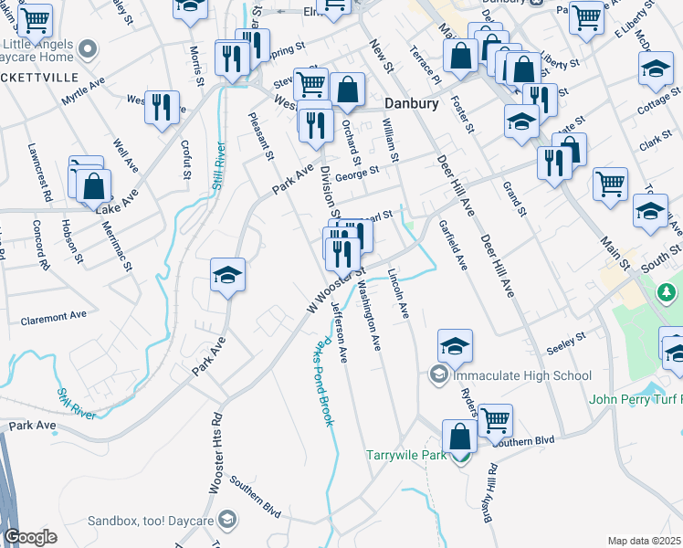 map of restaurants, bars, coffee shops, grocery stores, and more near 65 West Wooster Street in Danbury
