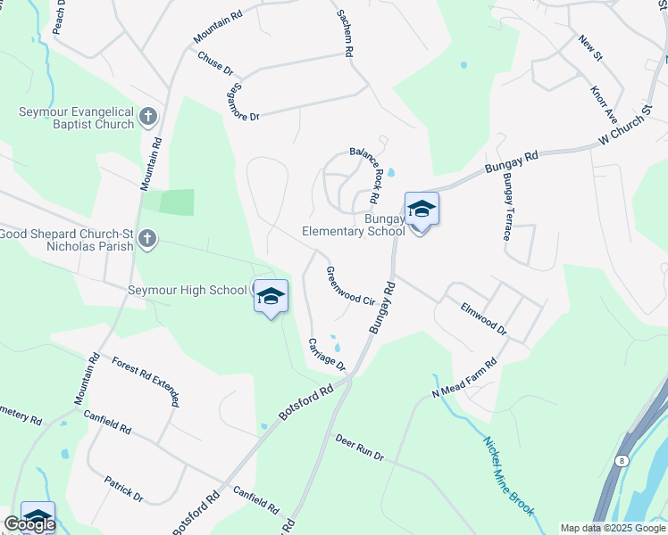 map of restaurants, bars, coffee shops, grocery stores, and more near 16 Greenwood Circle in Seymour