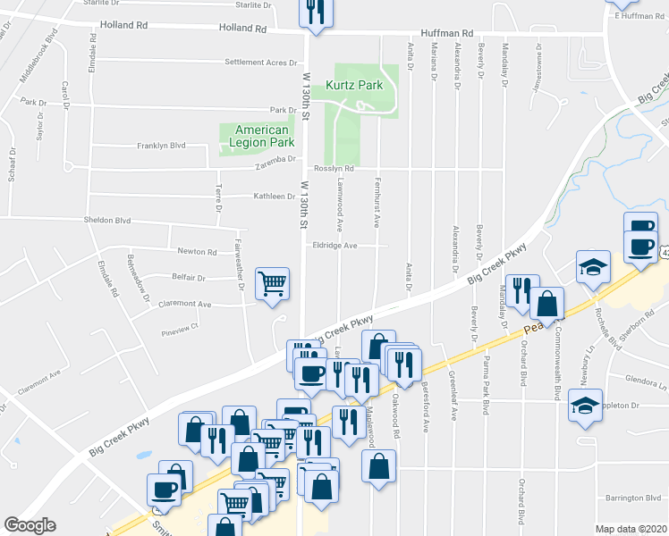 map of restaurants, bars, coffee shops, grocery stores, and more near 6530 Lawnwood Avenue in Parma Heights