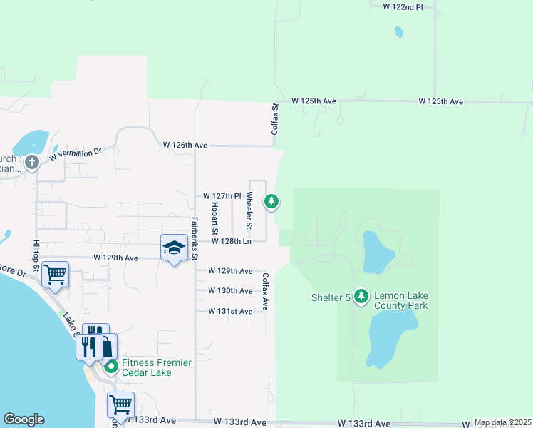 map of restaurants, bars, coffee shops, grocery stores, and more near 12735 Colfax Street in Cedar Lake