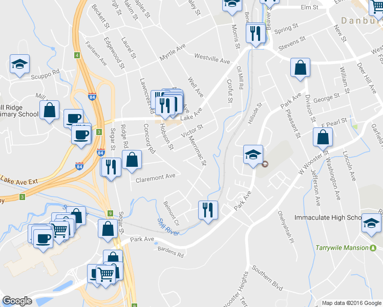 map of restaurants, bars, coffee shops, grocery stores, and more near 7 Belmont St in Danbury