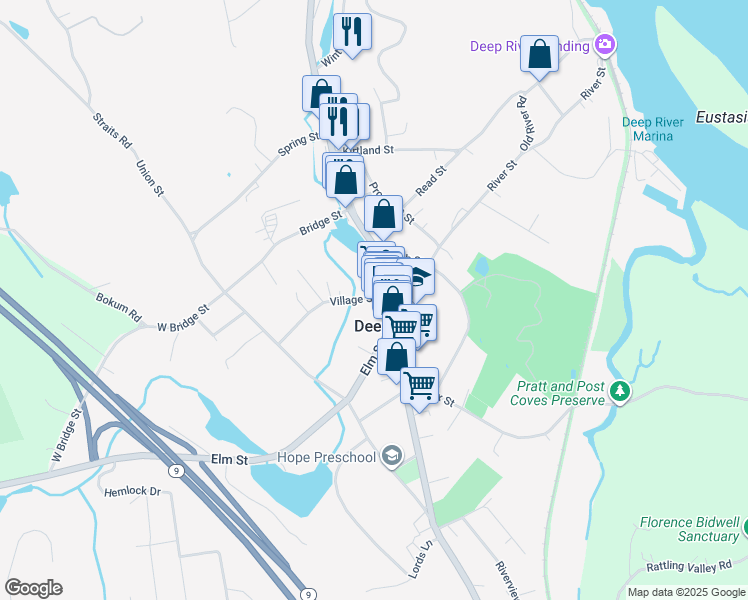 map of restaurants, bars, coffee shops, grocery stores, and more near 58 Village Street in Deep River