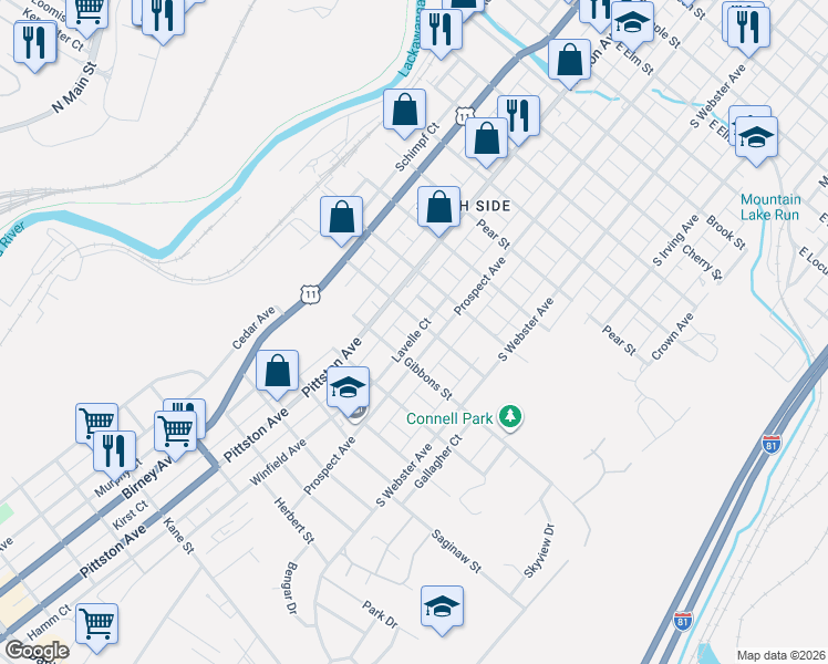 map of restaurants, bars, coffee shops, grocery stores, and more near 515-525 Schroeder Pl in Scranton