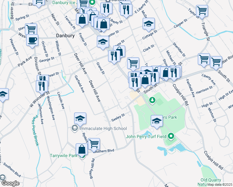 map of restaurants, bars, coffee shops, grocery stores, and more near 25 Grand Street in Danbury