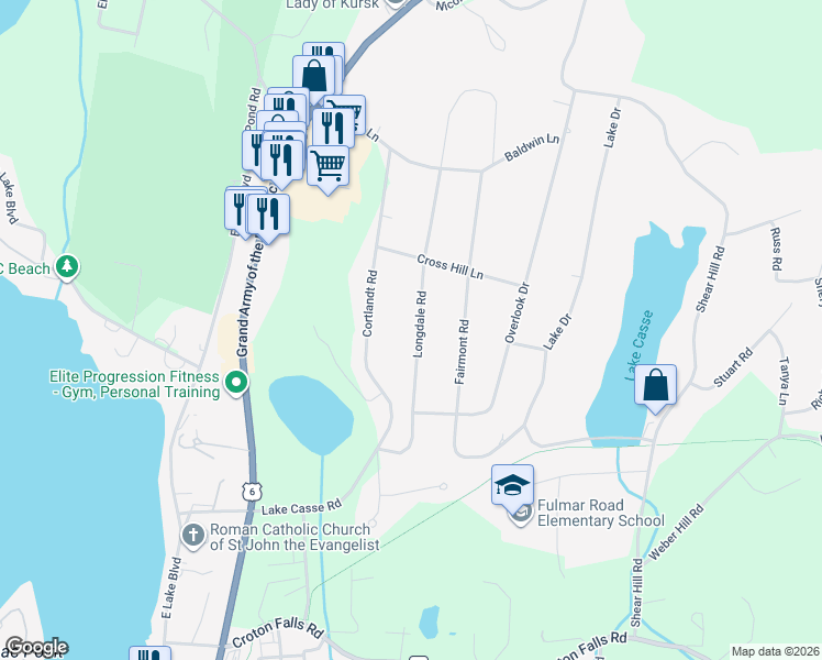 map of restaurants, bars, coffee shops, grocery stores, and more near 63 Longdale Road in Mahopac