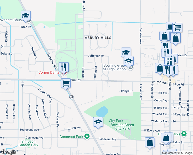 map of restaurants, bars, coffee shops, grocery stores, and more near 1010 Revere Drive in Bowling Green