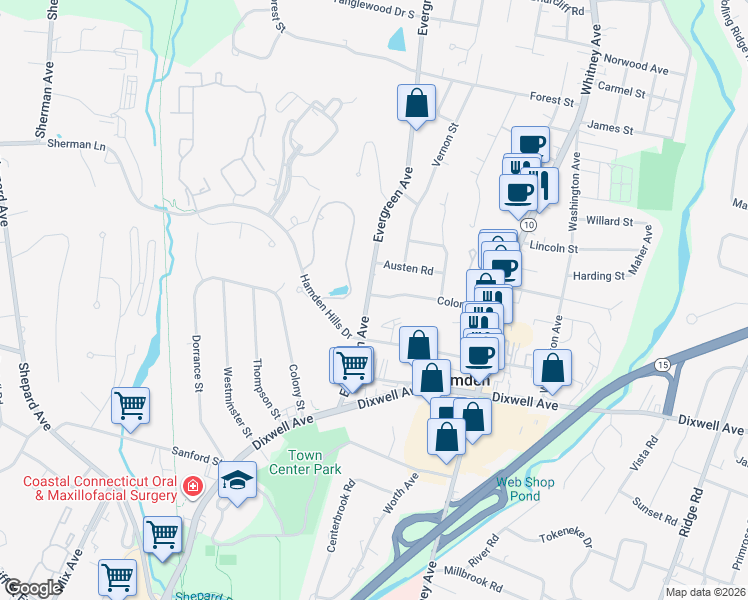 map of restaurants, bars, coffee shops, grocery stores, and more near 144 Colonial Drive in Hamden