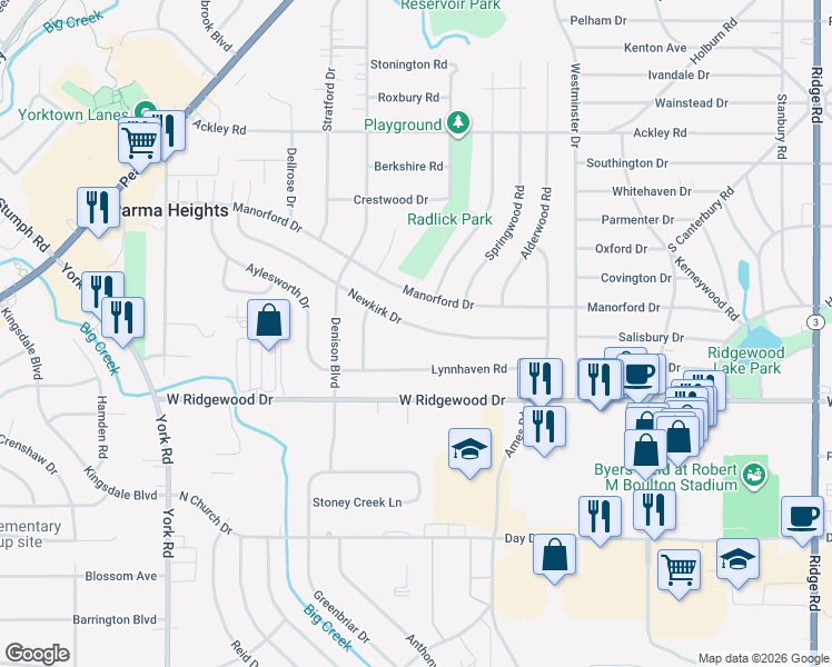 map of restaurants, bars, coffee shops, grocery stores, and more near 9277 Newkirk Drive in Parma Heights