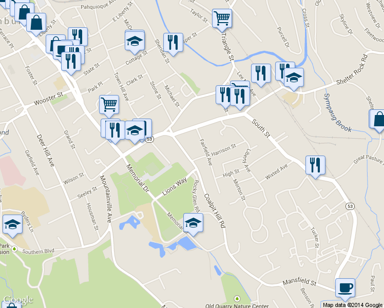 map of restaurants, bars, coffee shops, grocery stores, and more near 20 Coalpit Hill Rd in Danbury