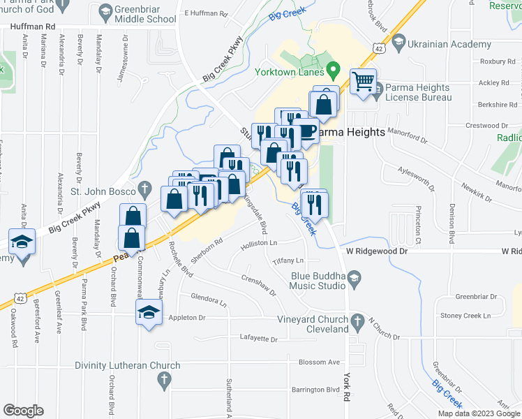 map of restaurants, bars, coffee shops, grocery stores, and more near 6415 Kingsdale Boulevard in Parma Heights