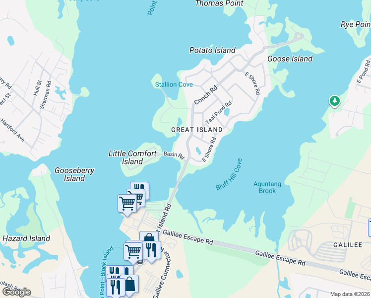 map of restaurants, bars, coffee shops, grocery stores, and more near 16 Conch Road in Narragansett