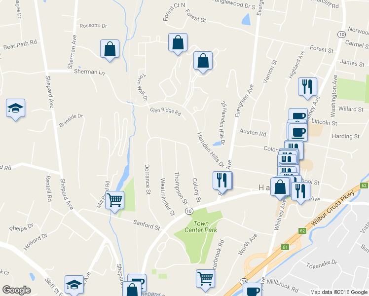 map of restaurants, bars, coffee shops, grocery stores, and more near 150 Colony Street in Hamden