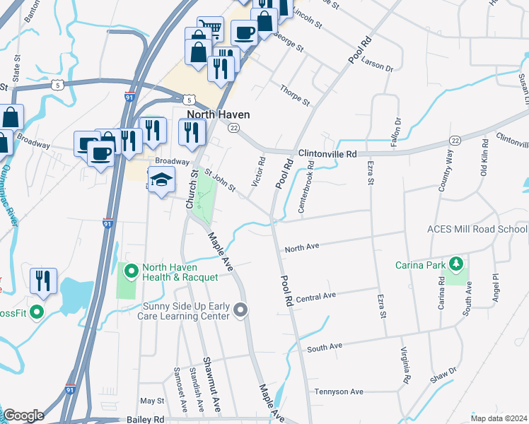 map of restaurants, bars, coffee shops, grocery stores, and more near Saint John Street in North Haven
