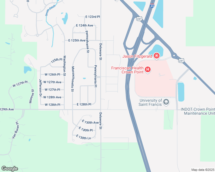 map of restaurants, bars, coffee shops, grocery stores, and more near 12767 Pennsylvania Place in Crown Point