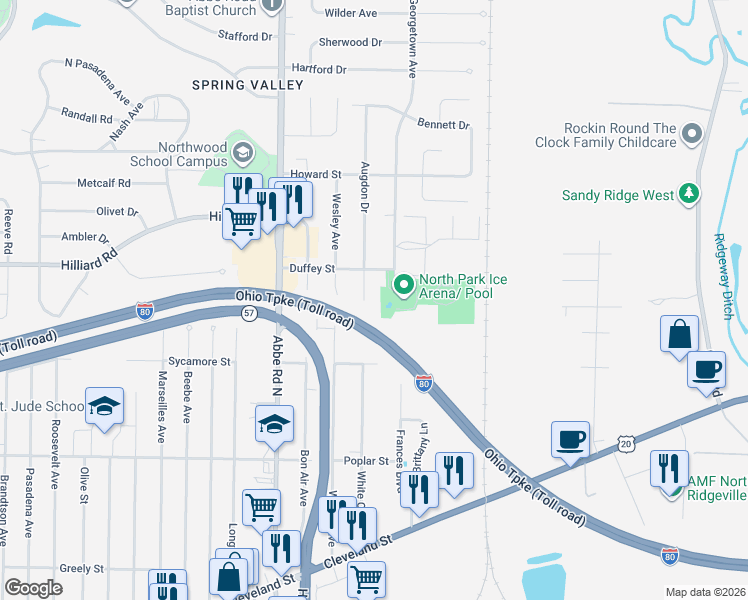 map of restaurants, bars, coffee shops, grocery stores, and more near 462 Augdon Drive in Elyria