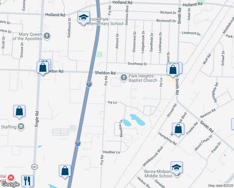 map of restaurants, bars, coffee shops, grocery stores, and more near 6689 Fry Road in Middleburg Heights