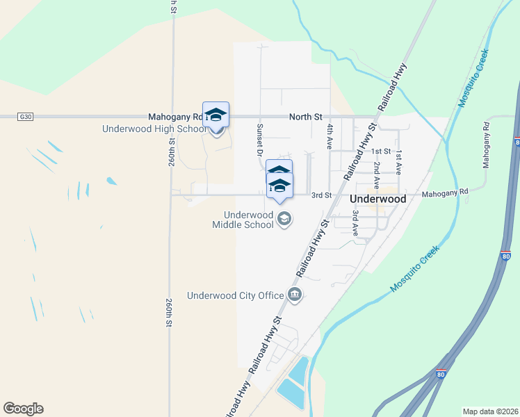 map of restaurants, bars, coffee shops, grocery stores, and more near 611 3rd Street in Underwood