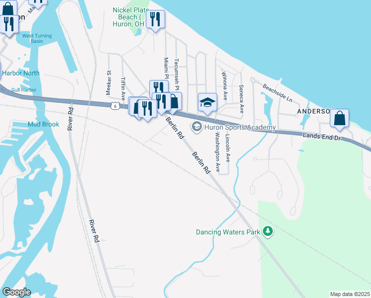 map of restaurants, bars, coffee shops, grocery stores, and more near 531 Berlin Road in Huron