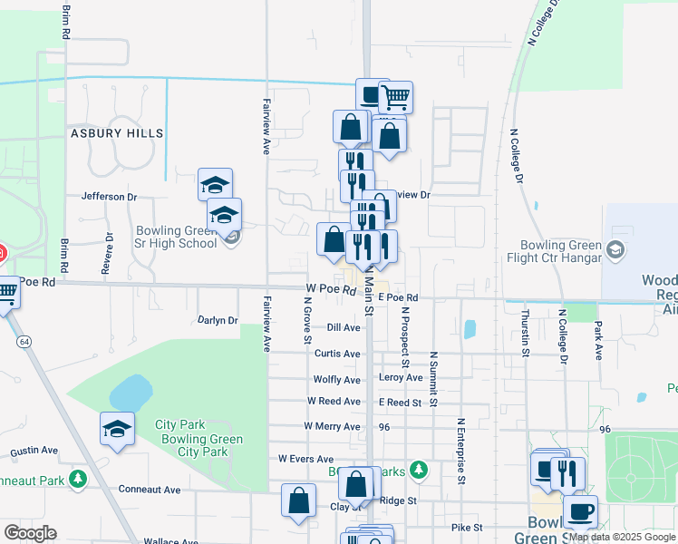 map of restaurants, bars, coffee shops, grocery stores, and more near 208 West Poe Road in Bowling Green
