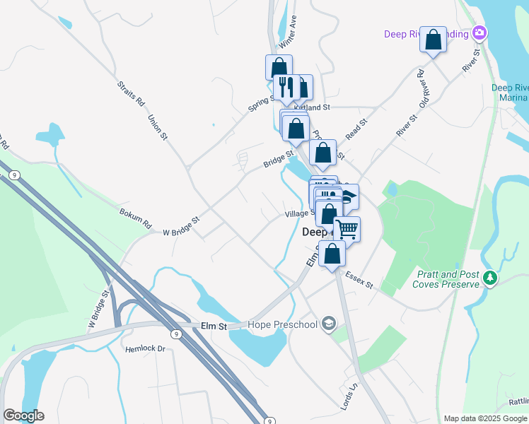 map of restaurants, bars, coffee shops, grocery stores, and more near 40 Village Street in Deep River