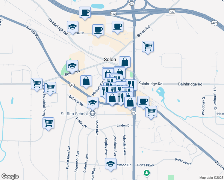 map of restaurants, bars, coffee shops, grocery stores, and more near 33311-33631 Aurora Road in Solon