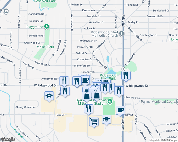 map of restaurants, bars, coffee shops, grocery stores, and more near 6528 South Canterbury Road in Parma