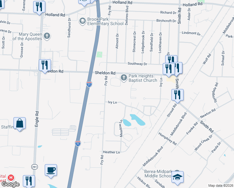 map of restaurants, bars, coffee shops, grocery stores, and more near 6689 Fry Road in Middleburg Heights