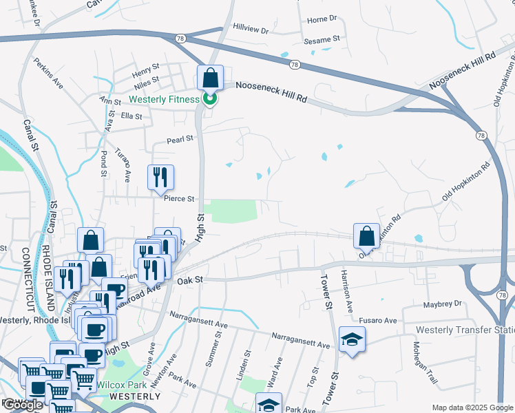 map of restaurants, bars, coffee shops, grocery stores, and more near 4 Hunter Terrace in Westerly