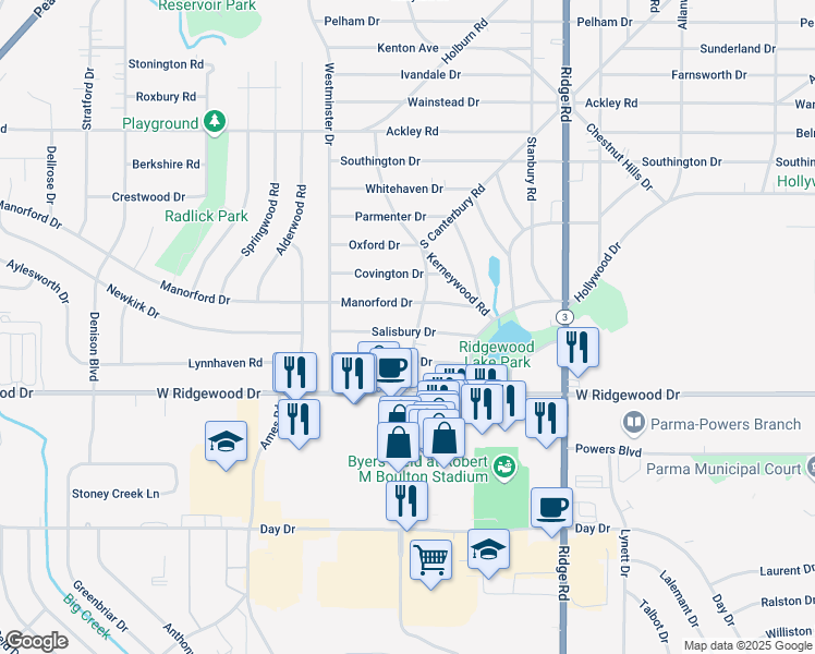 map of restaurants, bars, coffee shops, grocery stores, and more near 6528 S Canterbury Rd in Parma