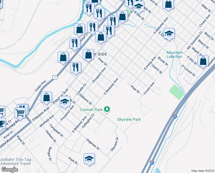 map of restaurants, bars, coffee shops, grocery stores, and more near 1826 S Webster Ave in Scranton