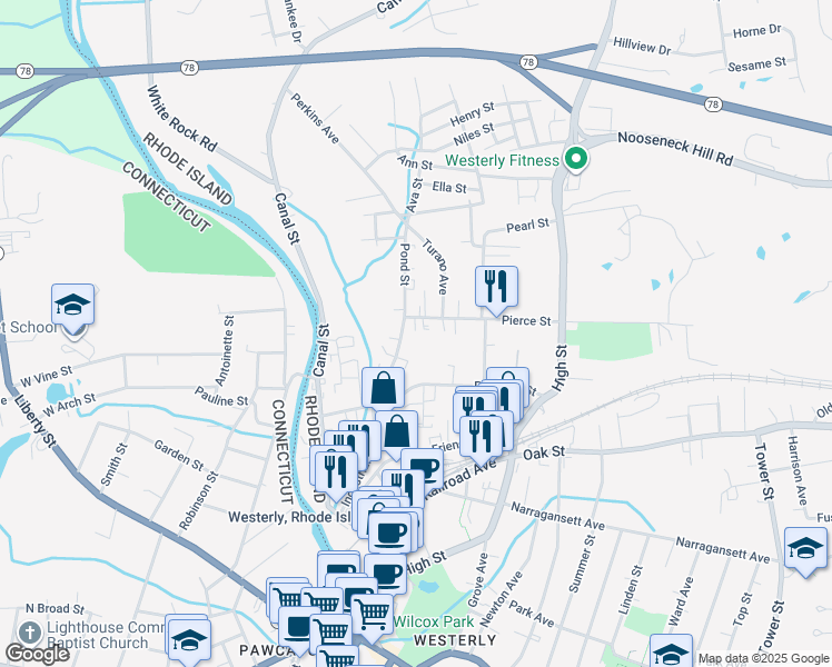 map of restaurants, bars, coffee shops, grocery stores, and more near 56 Pierce Street in Westerly