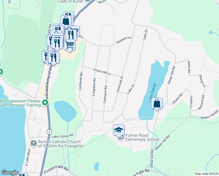 map of restaurants, bars, coffee shops, grocery stores, and more near 88 Fairmont Road in Mahopac