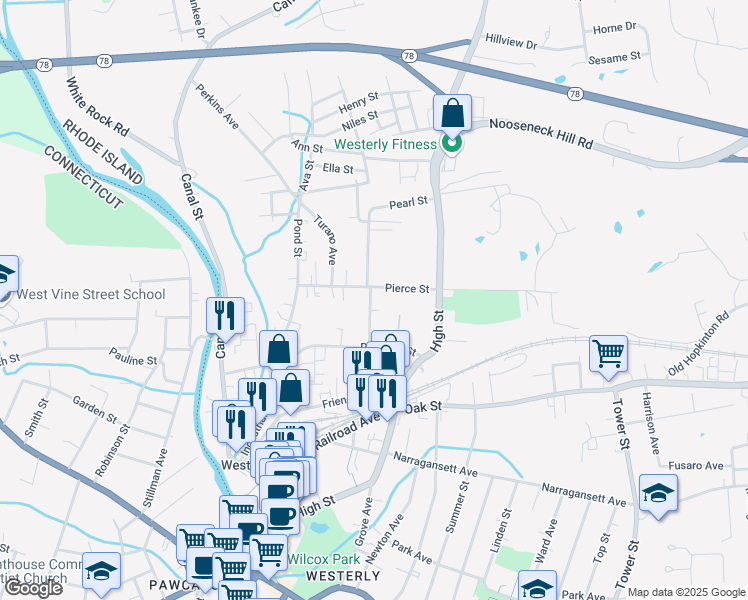 map of restaurants, bars, coffee shops, grocery stores, and more near 23 Dayton Street in Westerly