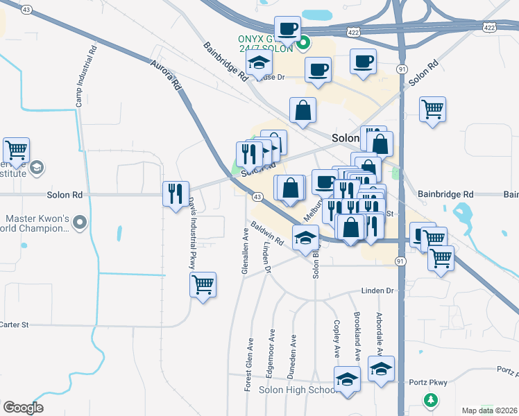 map of restaurants, bars, coffee shops, grocery stores, and more near 6353 Glenallen Avenue in Solon
