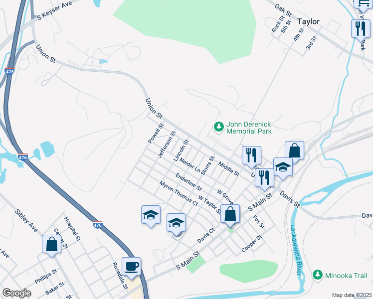 map of restaurants, bars, coffee shops, grocery stores, and more near 115 Lincoln Street in Taylor