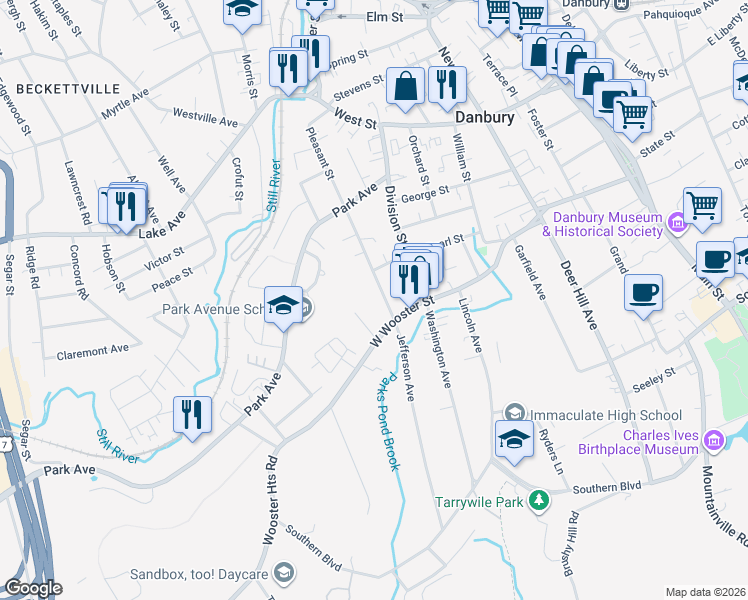 map of restaurants, bars, coffee shops, grocery stores, and more near 8 Pleasant Street in Danbury