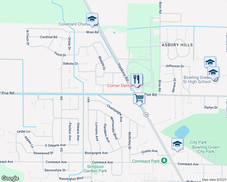 map of restaurants, bars, coffee shops, grocery stores, and more near 1038 West Poe Road in Bowling Green