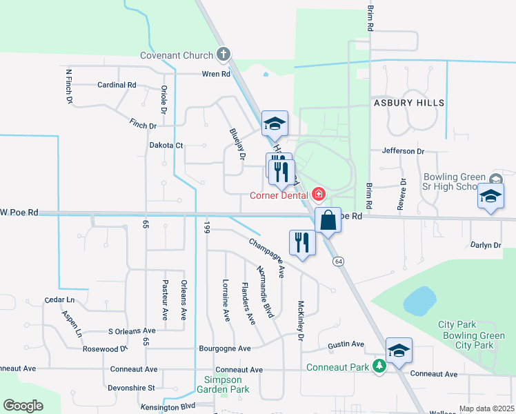 map of restaurants, bars, coffee shops, grocery stores, and more near 1038 West Poe Road in Bowling Green