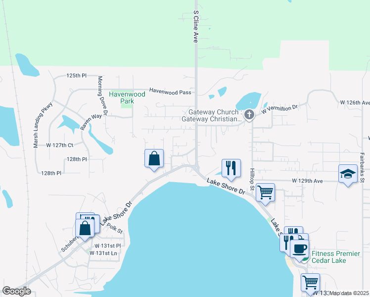 map of restaurants, bars, coffee shops, grocery stores, and more near 8027 West 127th Lane in Cedar Lake