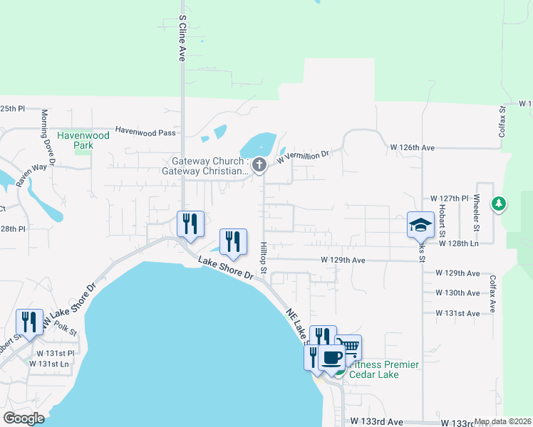 map of restaurants, bars, coffee shops, grocery stores, and more near 12749 Hilltop Street in Cedar Lake
