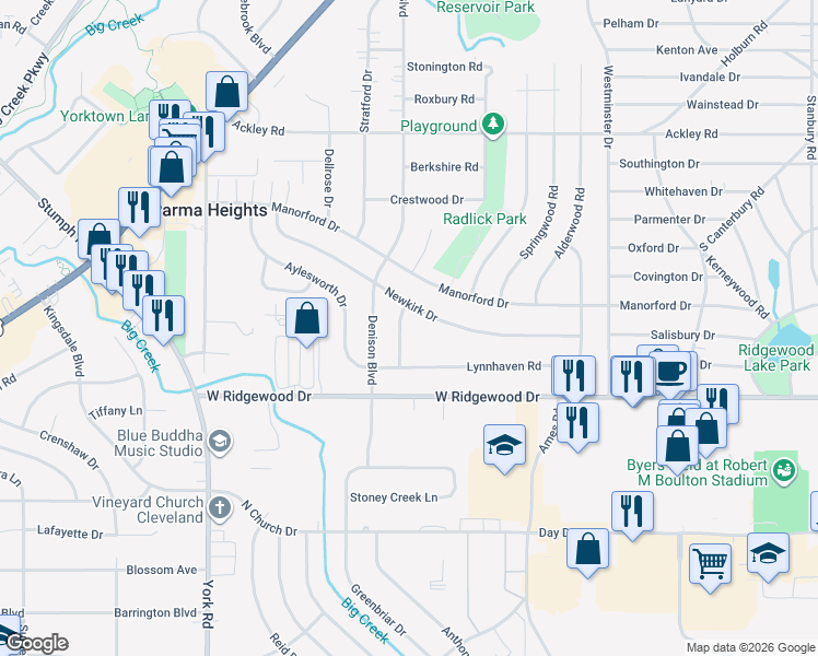 map of restaurants, bars, coffee shops, grocery stores, and more near 6519 Kenbridge Road in Parma Heights