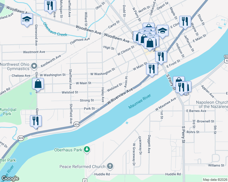map of restaurants, bars, coffee shops, grocery stores, and more near 501 Welsted St in Napoleon