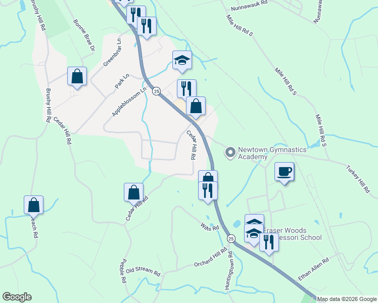 map of restaurants, bars, coffee shops, grocery stores, and more near 8 Cedar Hill Road in Newtown