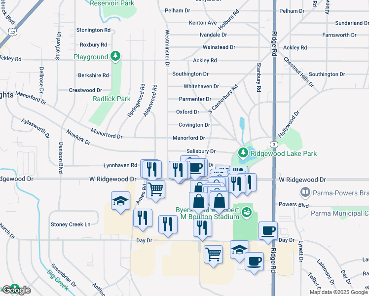 map of restaurants, bars, coffee shops, grocery stores, and more near 8222 Salisbury Drive in Parma