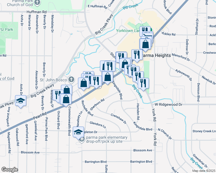 map of restaurants, bars, coffee shops, grocery stores, and more near 6389 Pearl Road in Parma Heights