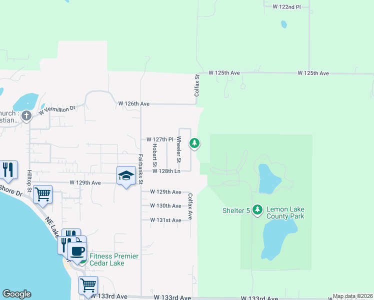 map of restaurants, bars, coffee shops, grocery stores, and more near 12746 Colfax Street in Cedar Lake
