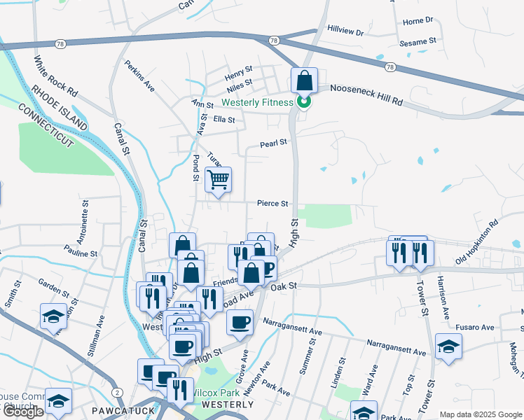 map of restaurants, bars, coffee shops, grocery stores, and more near 10 Pierce Street in Westerly