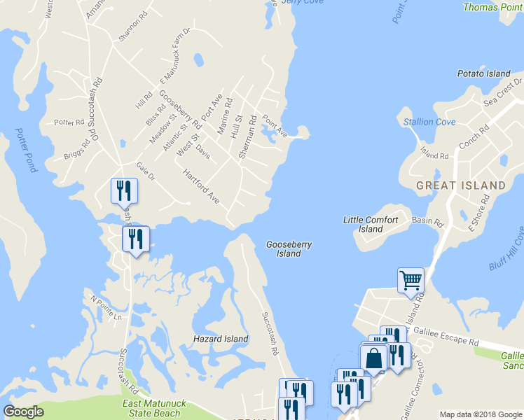 map of restaurants, bars, coffee shops, grocery stores, and more near 392F Gooseberry Road in South Kingstown